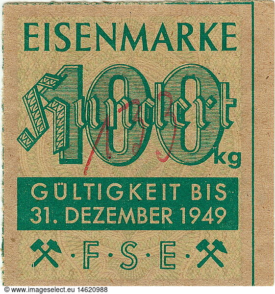 postwar era  economy  time of the occupation regime  ration card for iron for 100 kilogramme  valid to 31. December 1949  Germany  ration cards  rationing  industry  production  history  in the forties of the twentieth century  historic  historical  clipping  cut out  cut-out  cut-outs  20th century  1940s