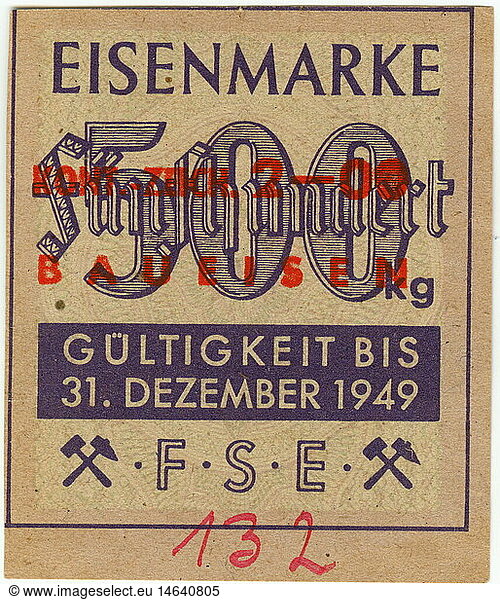 postwar era  economy  time of the occupation regime  ration card for iron for 100 kilogramme  valid to 31. December 1949  Germany  ration cards  rationing  industry  production  history  in the forties of the twentieth century  historic  historical  clipping  cut out  cut-out  cut-outs  20th century  1940s