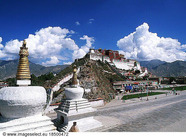 Potala Palace in Lhasa Tibet showing the street and the mountains