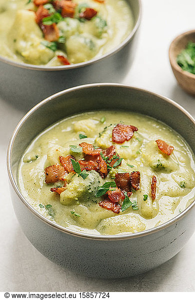 Potato and broccoli soup with bacon