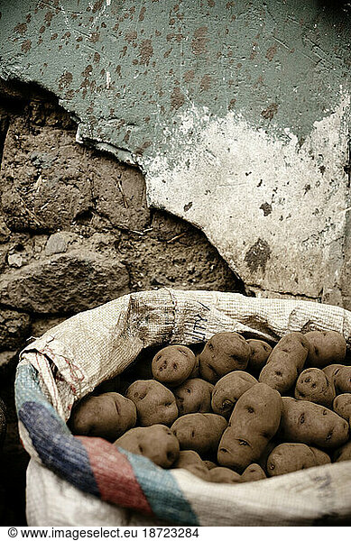 potatoes on a plastic sac in Huaraz  Peru.
