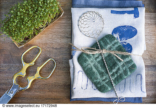 Potted watercress  pair of old scissors  sieve  dish towel covered in various prints and coaster made of felt