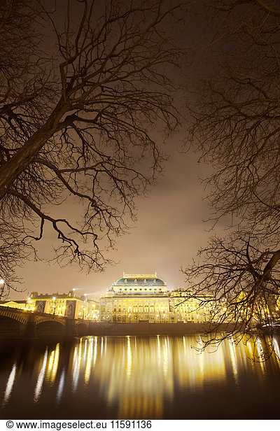 Prague National Theater lit up at night