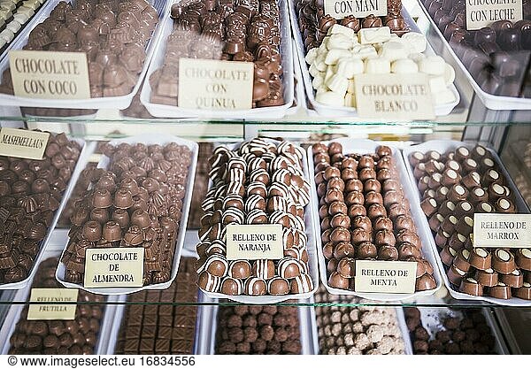 Pralinen in einem Schokoladengeschäft  Plaza 25 de Mayo (Platz des 25. Mai)  Sucre  Bolivien