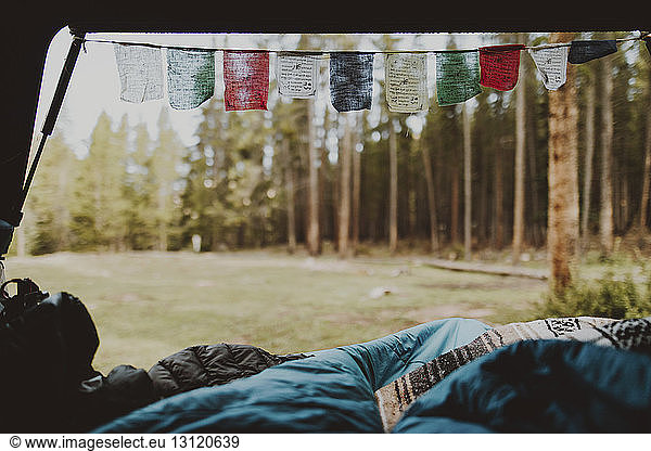 Prayer flags hanging in car trunk at forest