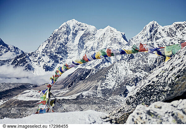 Prayer flags on Kala Patthar in the Himalayan Mountains  Nepal
