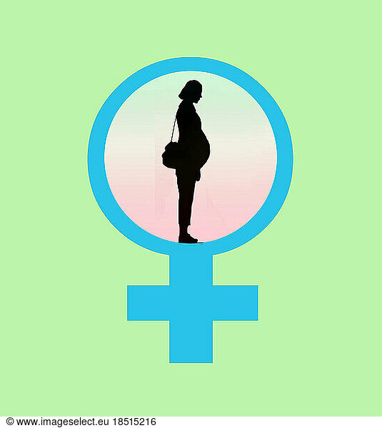 Pregnant woman standing inside female symbol