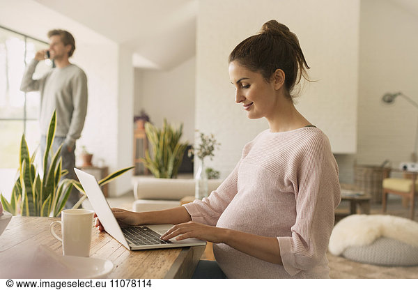 Pregnant woman using laptop at dining table
