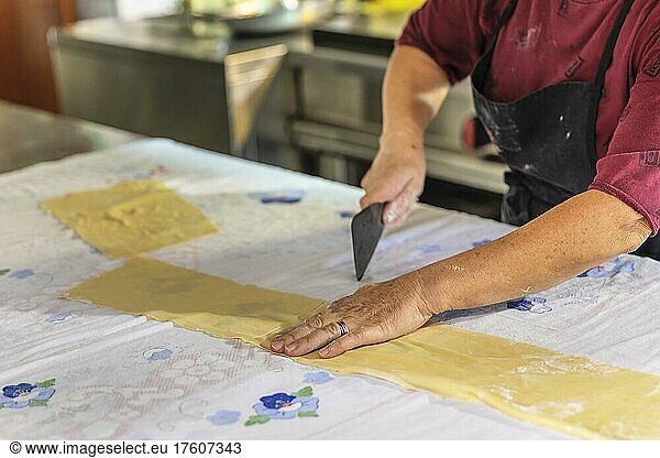 Preparing a lasagne in the kitchen of an agriturismo  Maremma  Province of Livorno  Tuscany  Italy  Europe