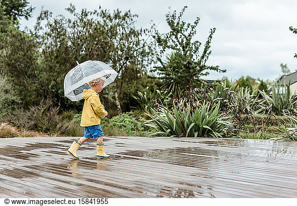Preschooler holding an umbrella splashing in puddles