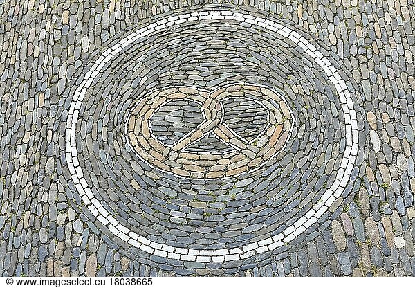 Pretzel as ornament in front of a bakery  pavement mosaic on the pavement  Freiburg im Breisgau  Baden-Württemberg  Germany  Europe