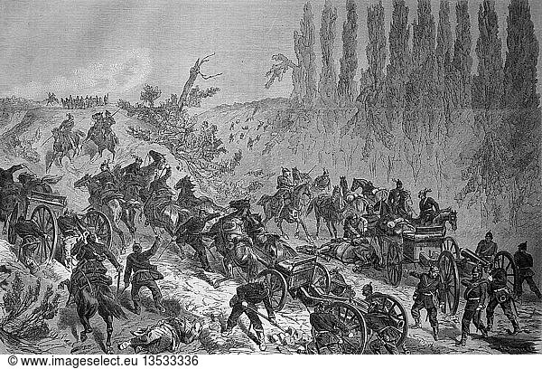 Preußische Soldaten und Pferdegespanne mit Geschützen erzwingen den steilen Anstieg zur Höhe bei Spichern am 6. August  Deutsch-Französischer Krieg 1870/71  Holzschnitt  Deutschland  Europa
