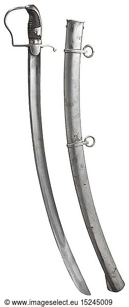 PREUSSEN KAVALLERIE  SÃ¤bel M 1811 Sog. 'BlÃ¼chersÃ¤bel'. Breite  geschwungene Klinge. Eisernes BÃ¼gelgefÃ¤ÃŸ mit belederter Hilze  auf dem quartseitigen Parierlappen gestempelt '10.A.F.6.187.' Eiserne Scheide mit zwei beweglichen Trageringen  ein gelÃ¶schter Truppenstempel sowie ein weiterer Stempel '10.T.P.6.12.' Oberes Ringband zusÃ¤tzlich gestempelt '873 H1'  Herstellerbezeichnung 'S & K' auf dem Schleppblech. OberflÃ¤chen gereinigt. LÃ¤nge 100 cm.