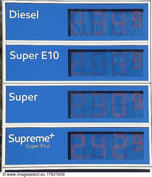 Price board at an Esso petrol station  Germany  Europe
