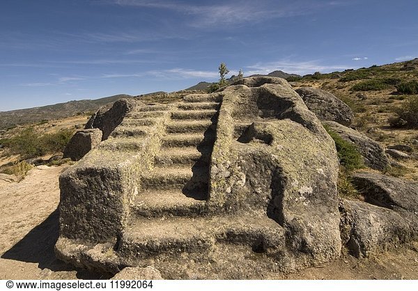 Primitive altar for sacrifices sculpted in a granite block, Castro de Ulaca, Villaviciosa, Ávila, Castilla y Leon, Castile, Spain. Vetton village from the Iron Age located at the River Ambles valley