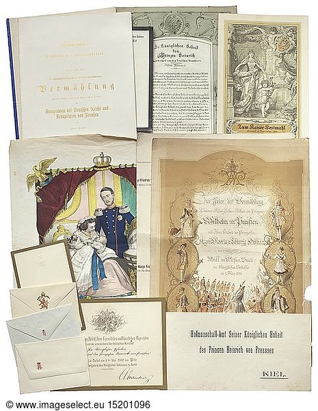 Prince Heinrich of Prussia (1862 - 1929) - an extensive estate of documents Large collection of blank letter papers  cards and envelopes  enclosing 'KÃ¶nigliches Schloss Kiel' (tr. 'Royal Castle Kiel') (partially condolence version)  House of Hohenzollern with blind embossing of the Prussian eagle in the collar of the High Order of the Black Eagle (partially with gold edge)  alliance coat of arms Prussia/Hesse  different envelopes of the Prince and the Princess Heinrich respectively the House of Hesse-Darmstad 19th century