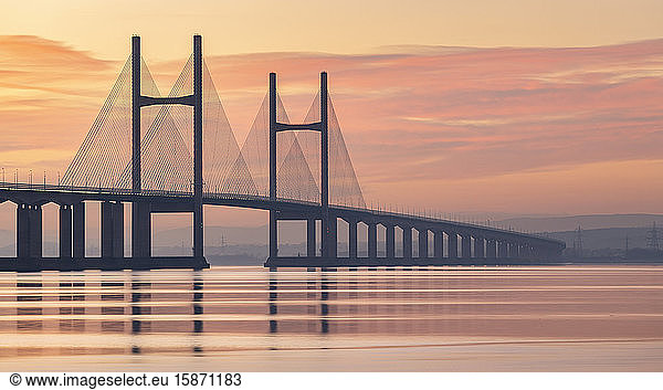 Prince of Wales Bridge spanning the River Severn at sunset in winter  Gloucestershire  England  United Kingdom  Europe