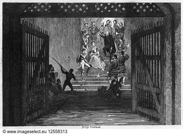 Princess Elizabeth brought as a prisoner to the Tower of London  1554 (1840).Artist: George Cruikshank