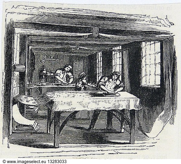 Printing Calico using hand blocks. Engraving  London  1860.