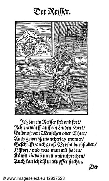 PRINTING OFFICE  1568. The draftsman  or designer  draws letters and pictures of all sorts on wood blocks most artistically. He can also engrave the pictures on copper. Poem by Hans Sachs  woodcut by Jost Amman  1568.