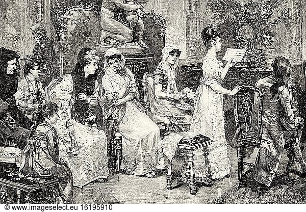 Private music concert in high society at the beginning of the 19th century  painting by Luis ?. lvarez Catal? (Madrid 1836-1901) Spanish portrait painter and director of the Museo Nacional del Prado between 1898 and 1901. Spain  Europe. Old XIX century engraved illustration from La Ilustracion Espa?ola y Americana 1894.