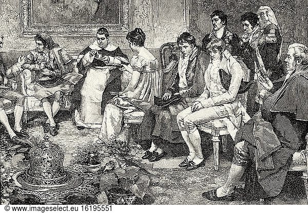Private music concert in high society at the beginning of the 19th century  painting by Luis ?. lvarez Catal? (Madrid 1836-1901) was a Spanish portrait painter and director of the Museo Nacional del Prado between 1898 and 1901. Spain  Europe. Old XIX century engraved illustration from La Ilustracion Espa?ola y Americana 1894.