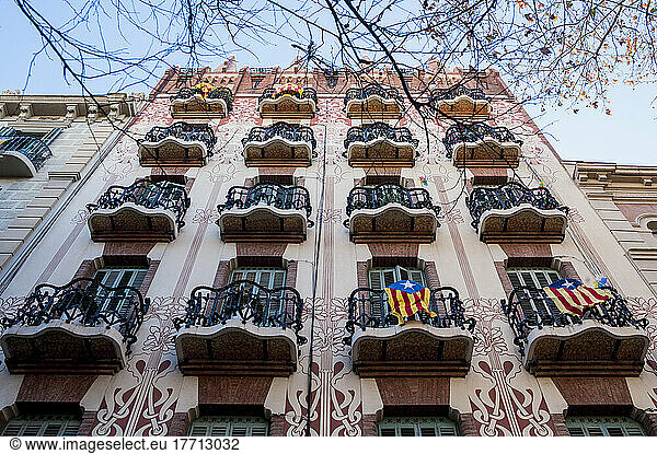 Pro-Independence Flags In A Modernist Building In Gracia; Barcelona  Catalonia  Spain