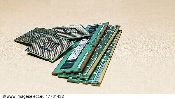 Processors and ram memories on isolated background  concept of ram memories and processors on isolated background  RAM memories with computer microprocessors isolated