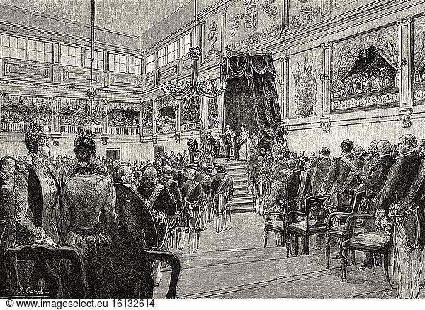 Proclamation of King Carlos I of Portugal. Lisbon municipal palace  ceremony of handing over the keys to the city to the King  28 December 1889  Portugal. Old XIX century engraved illustration from La Ilustracion Espa?ola y Americana 1890.