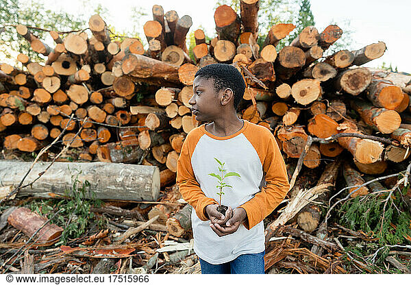 Profile of boy on logging site