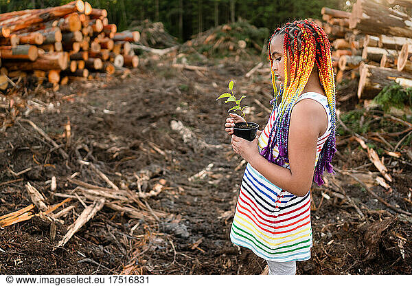 Profile of girl with rainbow braids holds sapling on logging sit