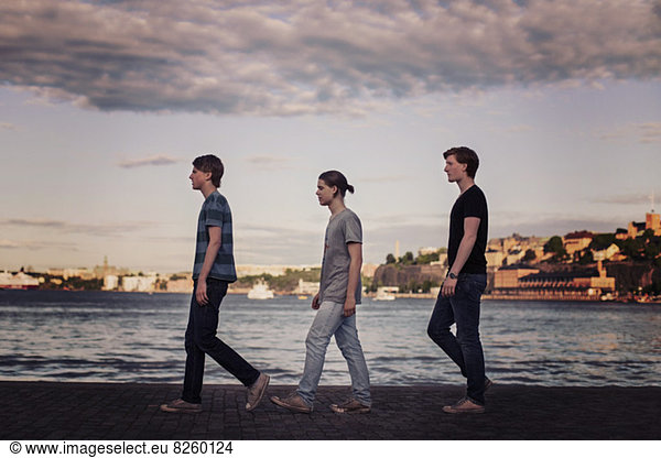 Profile shot of young men walking in a row on pier