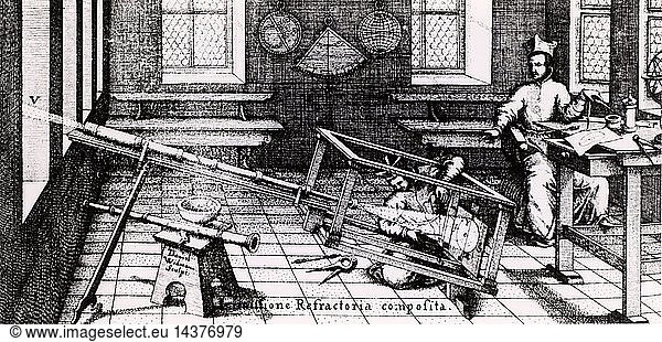 Projecting the image of the Sun through a refracting telescope on to a screen in order to study sunpots. From "Rosa Ursina" by Christoph Scheiner (Bracciano  1630). Engraving.