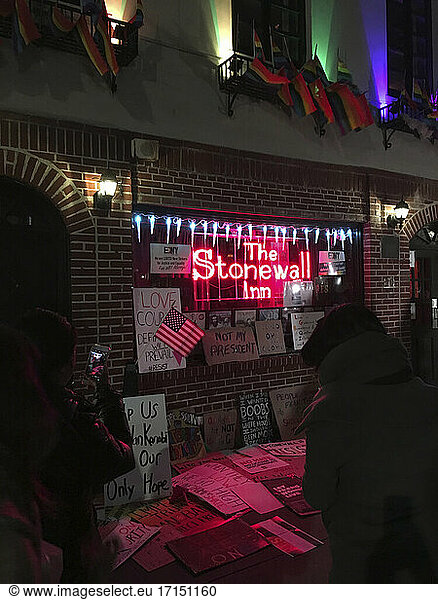 Protest Signs in front of Stonewall Inn at Night  Greenwich Village  New York City  New York  USA