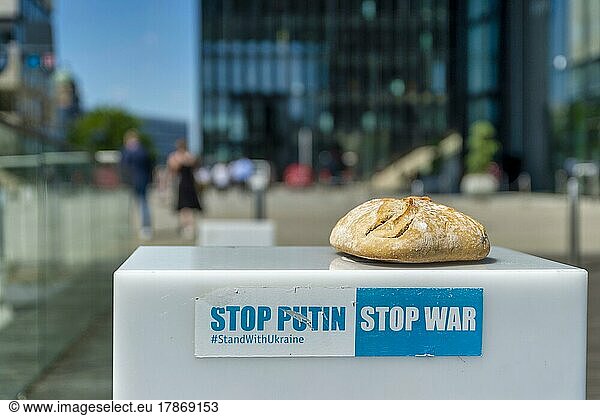 Protestschild gegen Putin mit einem Brötchen  Medienhafen  Medienhafen  Düsseldorf  Nordrhein-Westfalen  Deutschland  Europa