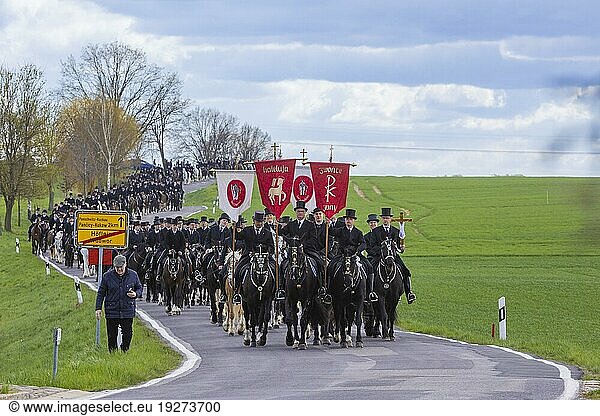 Prozession von Panschwitz Kuckau nach Höflein  Räckelwitz bis nach Crostwitz. Jährlich finden zu Ostern in der Lausitz c.a. 5 Prozessionen mit c.a. je 200 Reitern statt. Die katholische Kirche setzt hier alte sorbische Riten fort. Tausende Zuschauer verfolgen die beeindruckenden Reiterzüge