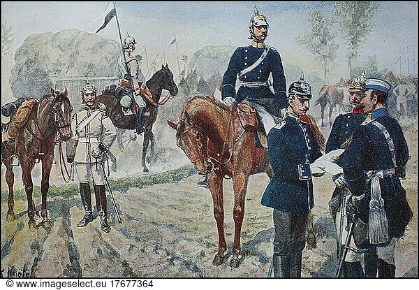 Prussia  Prussian Army  Arrival of Bivouac Needs in Camp  Cuirassiers and Paymasters  Germany  ca 1900  Historic  digitally restored reproduction from a 19th century original  exact date unknown  Europe