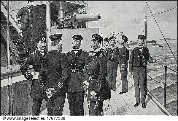 Prussia  Prussian Army  Navy on board a warship  sailors in drill suit  boatswain and engineers  Captain-Lieutenant  Germany  c. 1900  Historic  digitally restored reproduction from a 19th century original  exact date unknown  Europe