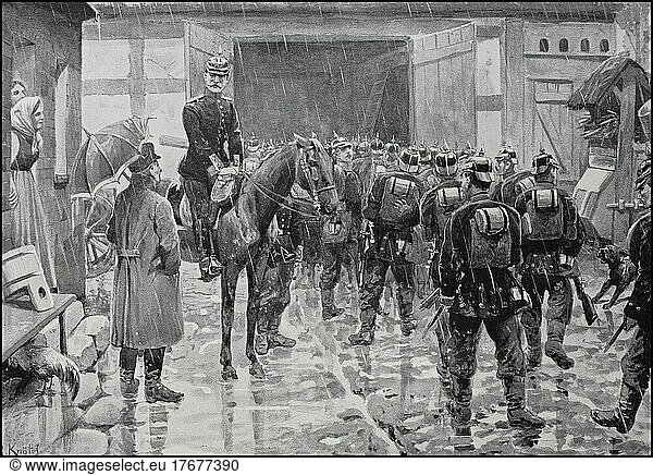 Prussia  Prussian Army  Soldiers' Emergency Quarters in the Rain  Germany  ca 1900  Historic  digitally restored reproduction from a 19th century original  exact date unknown  Europe