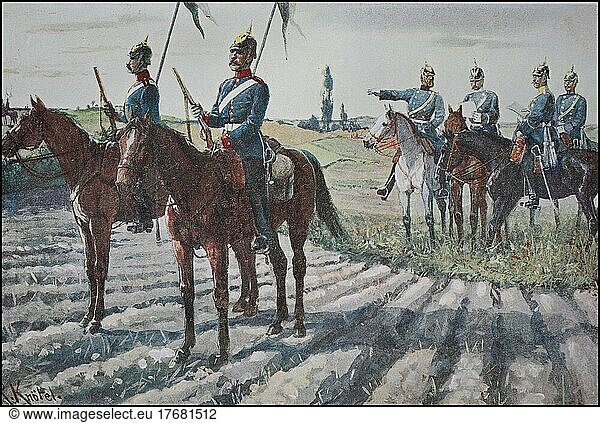 Prussian Army  dragoons in the outpost chain of the 1st Dragoon Regiment  Germany  ca 1900  digitally restored reproduction from a 19th century original  exact date unknown  Europe