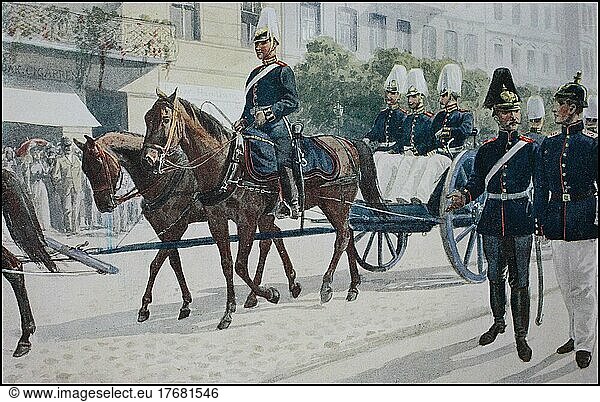 Prussian Army  Guard Field Artillery  Returning from Parade  Berlin  Germany  ca 1900  digitally restored reproduction from a 19th century original  exact date unknown  Europe