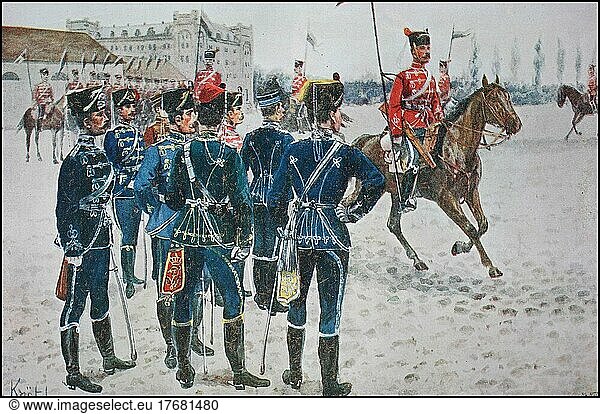 Prussian Army  Guard  on the riding arena  officers of various Hussar regiments  Germany  ca 1900  digitally restored reproduction from a 19th century original  exact date unknown  Europe