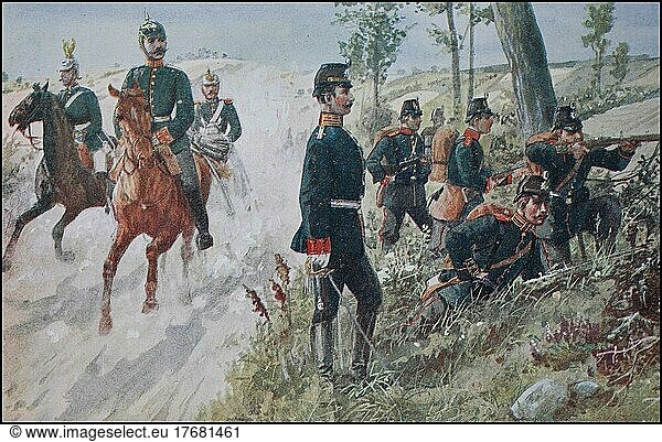 Prussian Army  Guardsmen in the Line of Fire  Riding Feldjäger  Line Hunters  Germany  ca 1900  digitally restored reproduction from a 19th century original  exact date unknown  Europe