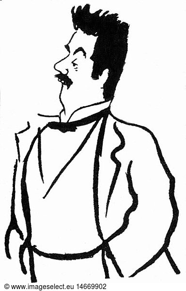 Puccini  Giacomo  22.12.1858 - 29.11.1924  ital. Komponist  Halbfigur  anonyme Karikatur  Zeichnung  um 1900