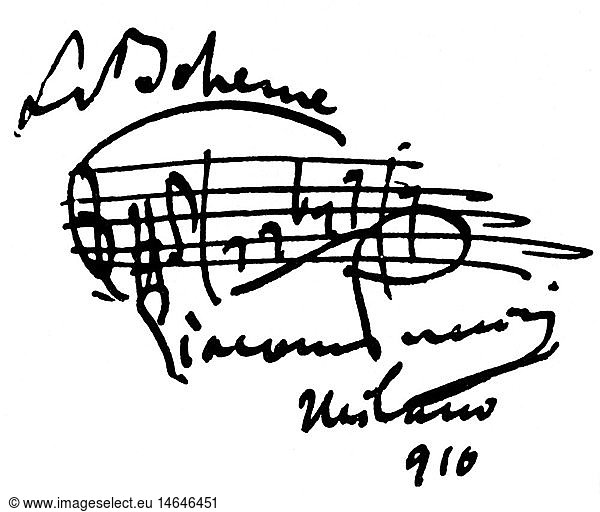 Puccini  Giacomo  22.12.1858 - 29.11.1924  ital. Komponist  Handschrift  Eintragung mit Motiv aus der Oper 'La Boheme'  Mailand  1916