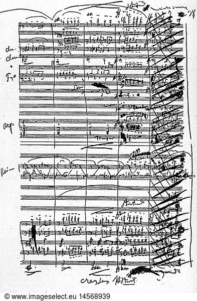 Puccini  Giacomo  22.12.1858 - 29.11.1924  ital. Komponist  Oper 'La Boheme'  1896  Seite der Partitur  3.Akt