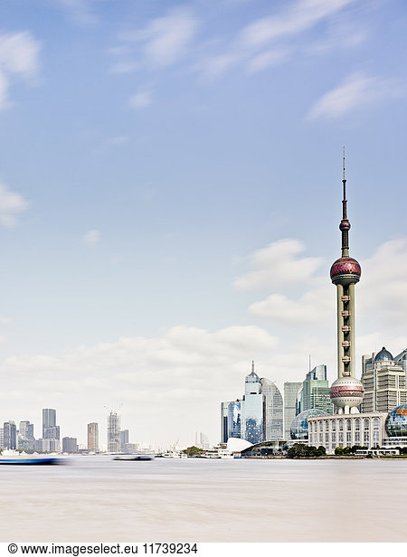 Pudong skyline and the Bund on river Huangpu  Shanghai  China
