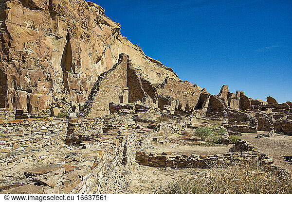 Pueblo Bonito is an ancestral Puebloan great house located in Chaco Canyon Cultral Park  New Mexico.