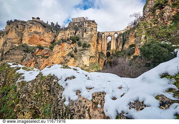 Puente Nuevo (new bridge) Tajo Gorge Winter Ronda. Malaga province Andalusia Spain.