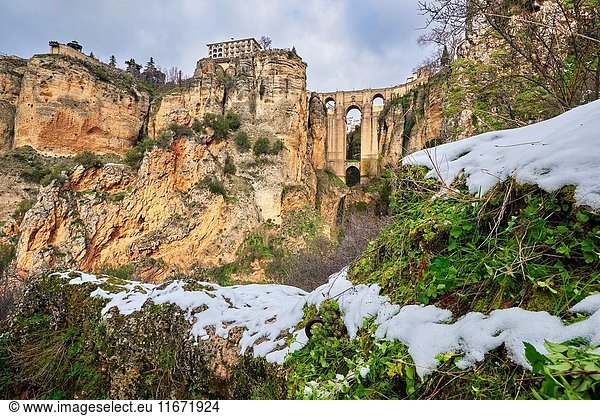 Puente Nuevo (new bridge) Tajo Gorge Winter Ronda. Malaga province Andalusia Spain.